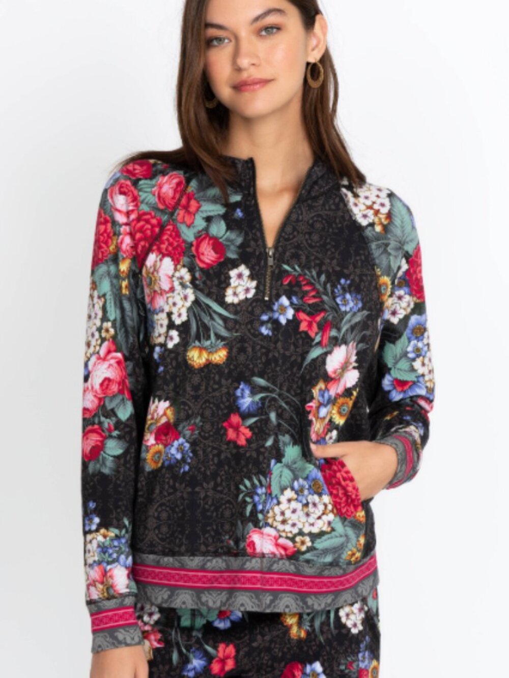 Johnny Was Floral Onyx Sistine Half Zip Pullover Size XS